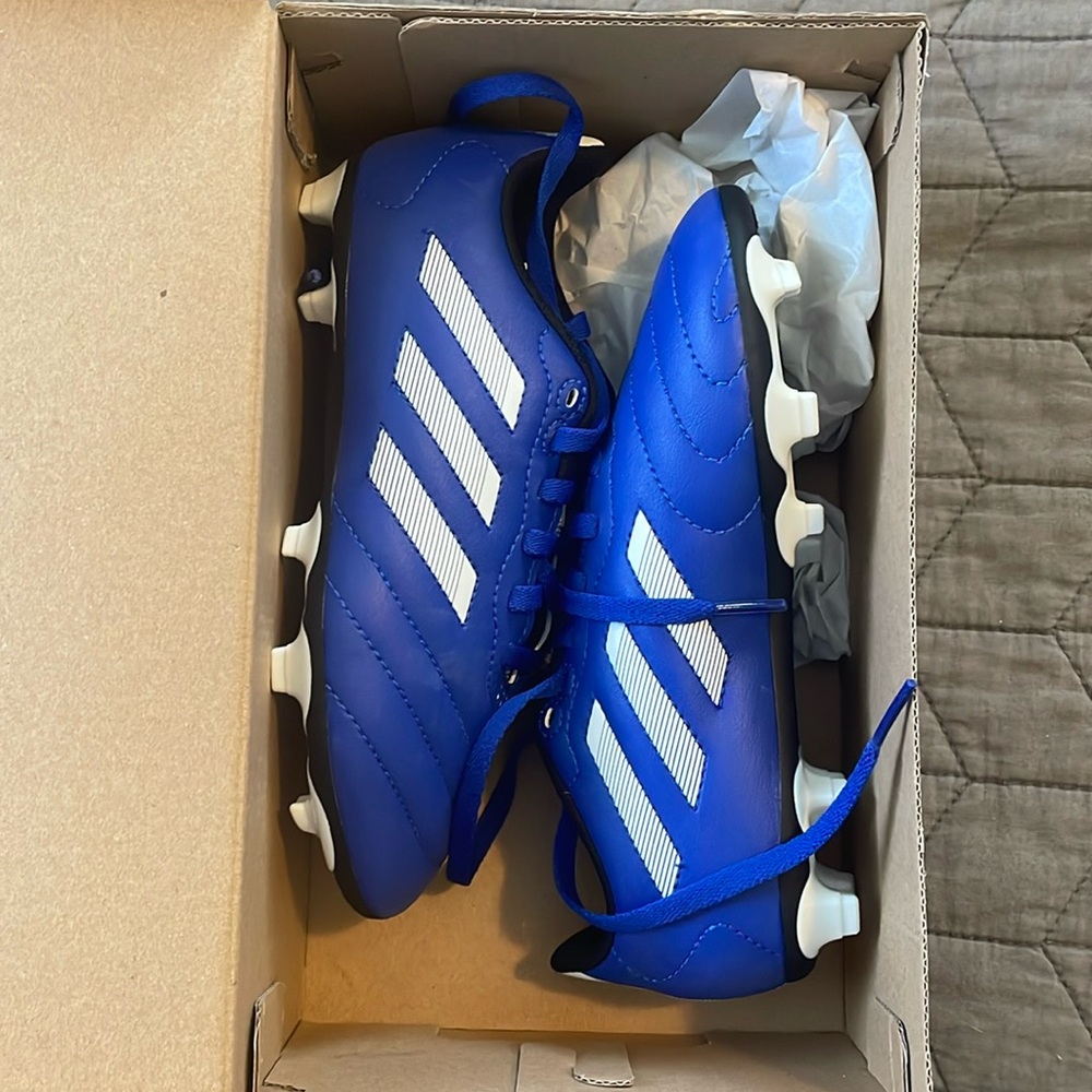 Blue soccer cleats size youth 2. Never worn, in original box, Adidas brand.
